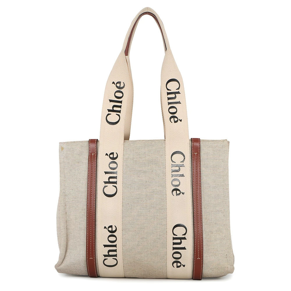 Chloe Woody Tote Bag Canvas Calf Leather